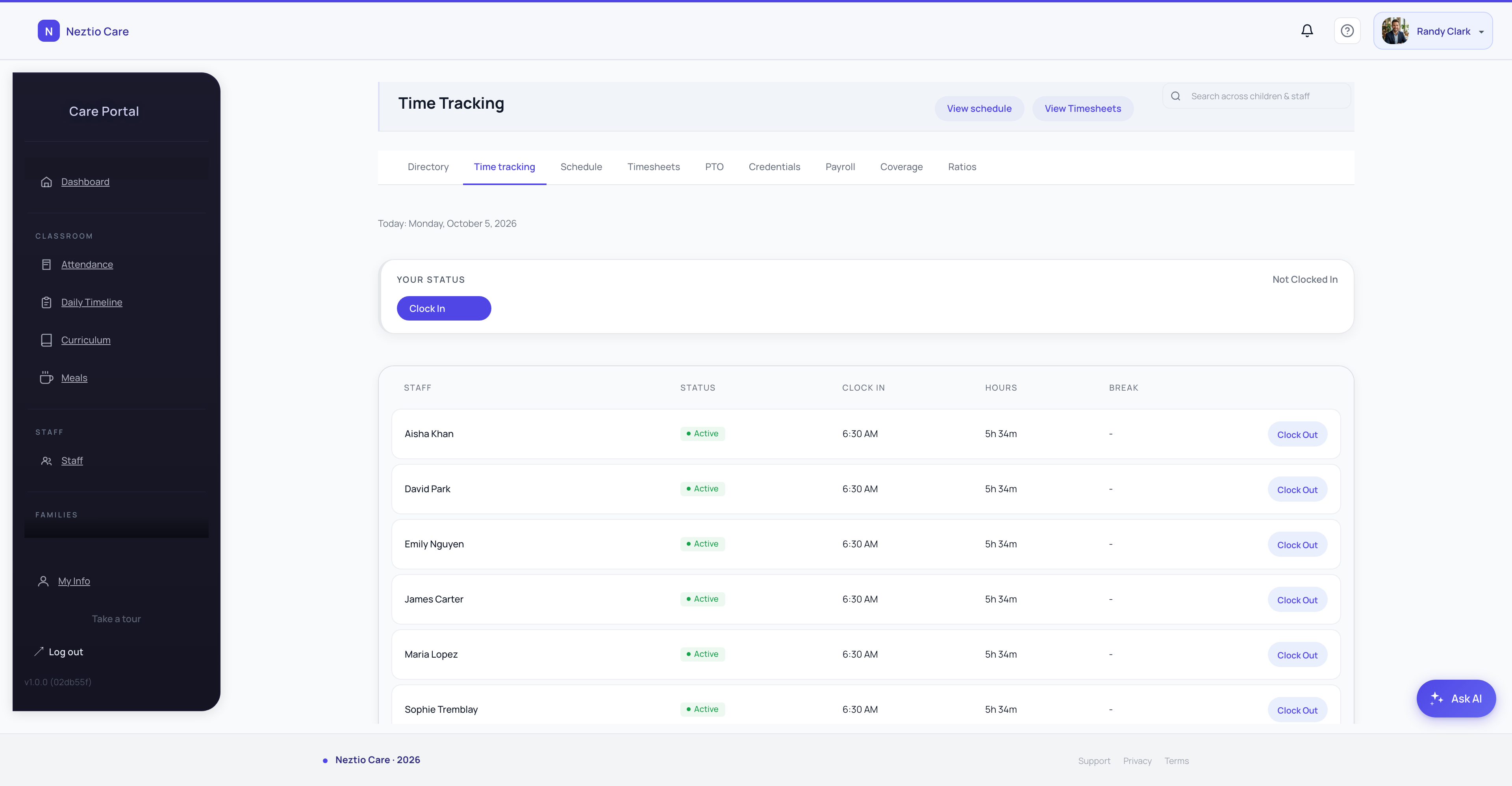 Staff clock-in and clock-out dashboard with hours tracking and overtime alerts